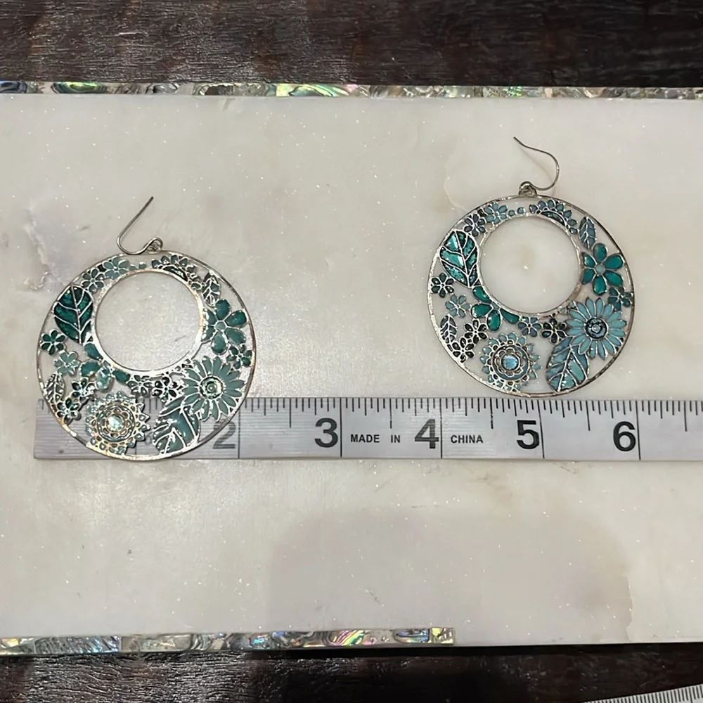 Sage green and dark green floral hoop silver pierced earrings  2”